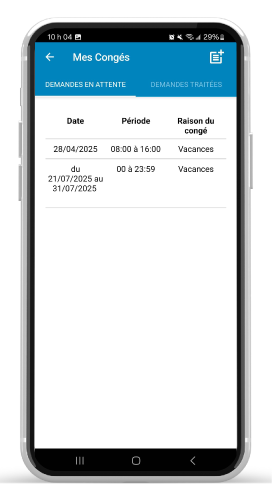 module-absences-conges-demandes-en-attente Liste des demandes de congés en attente avec les dates, périodes et raisons affichées dans l'application