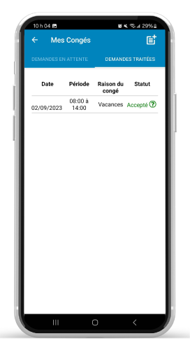 module-absences-conges-demandes-traitees Historique des demandes de congés traitées dans l'application avec date, période, raison et statut du congé